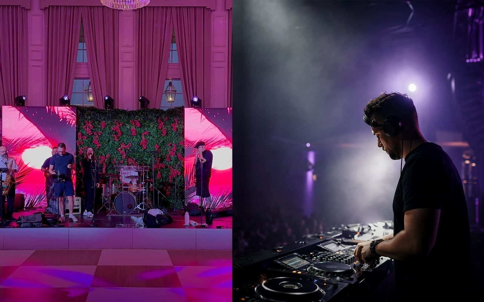 A live band performing on a warmly lit stage on one side and a DJ working a glowing booth on the other, with a full dance floor between them at an evening event