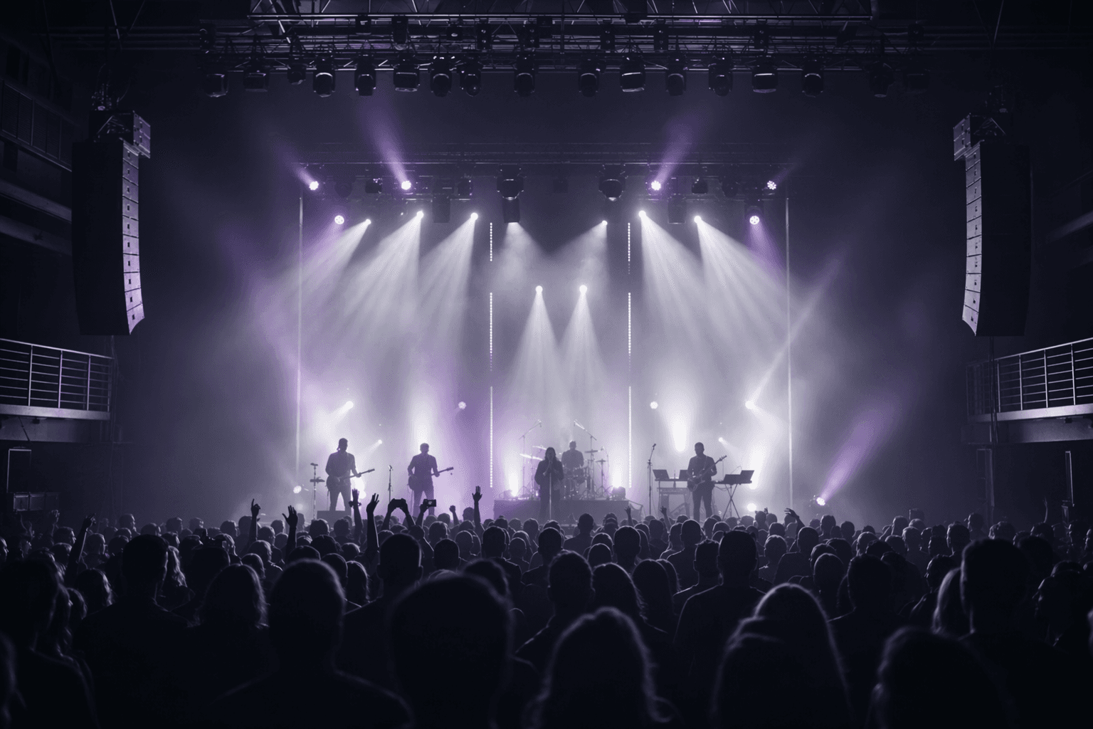 Live band performing on a theater stage under beams of purple and white light, with silhouetted crowd in the foreground